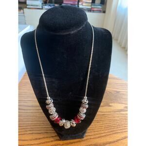 Beaded Charm Necklace Redand Silver Color